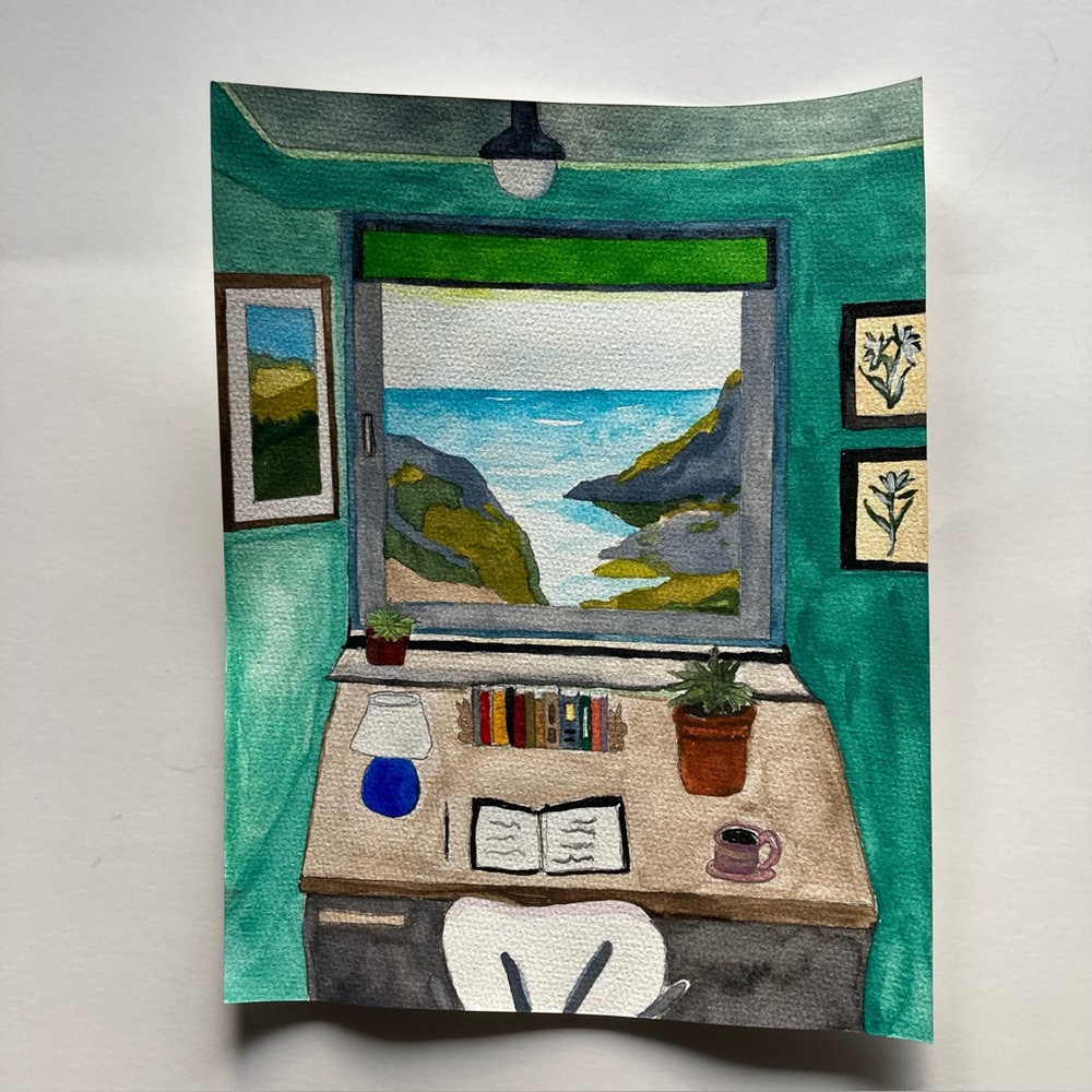 Watercolor Window View From a Desk Painting